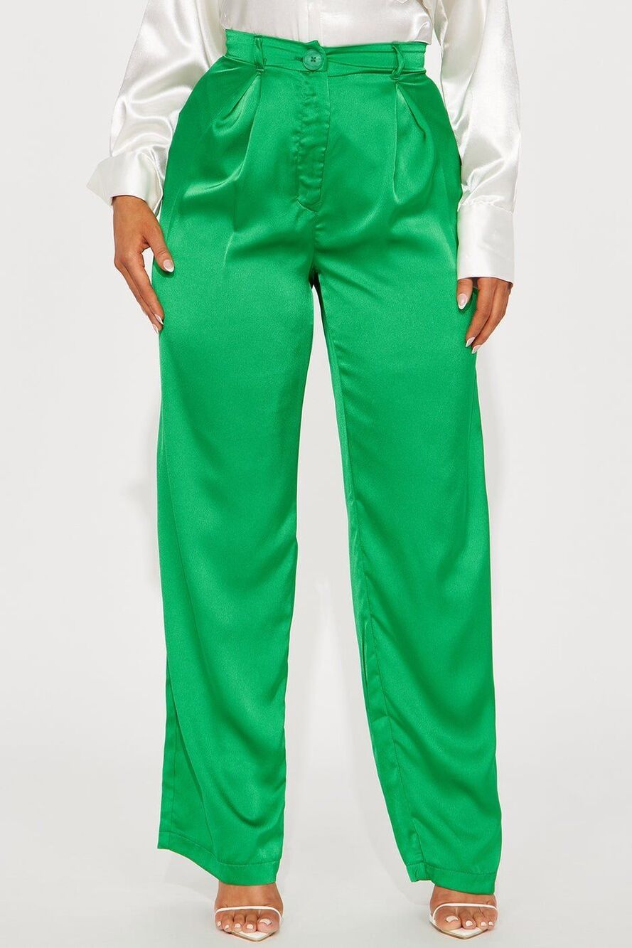 Haute Monde Green Satin Trouser Wide Leg Back Elastic High Waisted Pants L